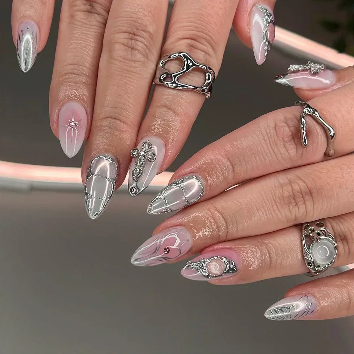 maoxiangshop 24Pcs False Nails With Glue Almond Pink Butterfly Design Detachable Rhinestones Acrylic Fake Nails long stiletto Press On Nails