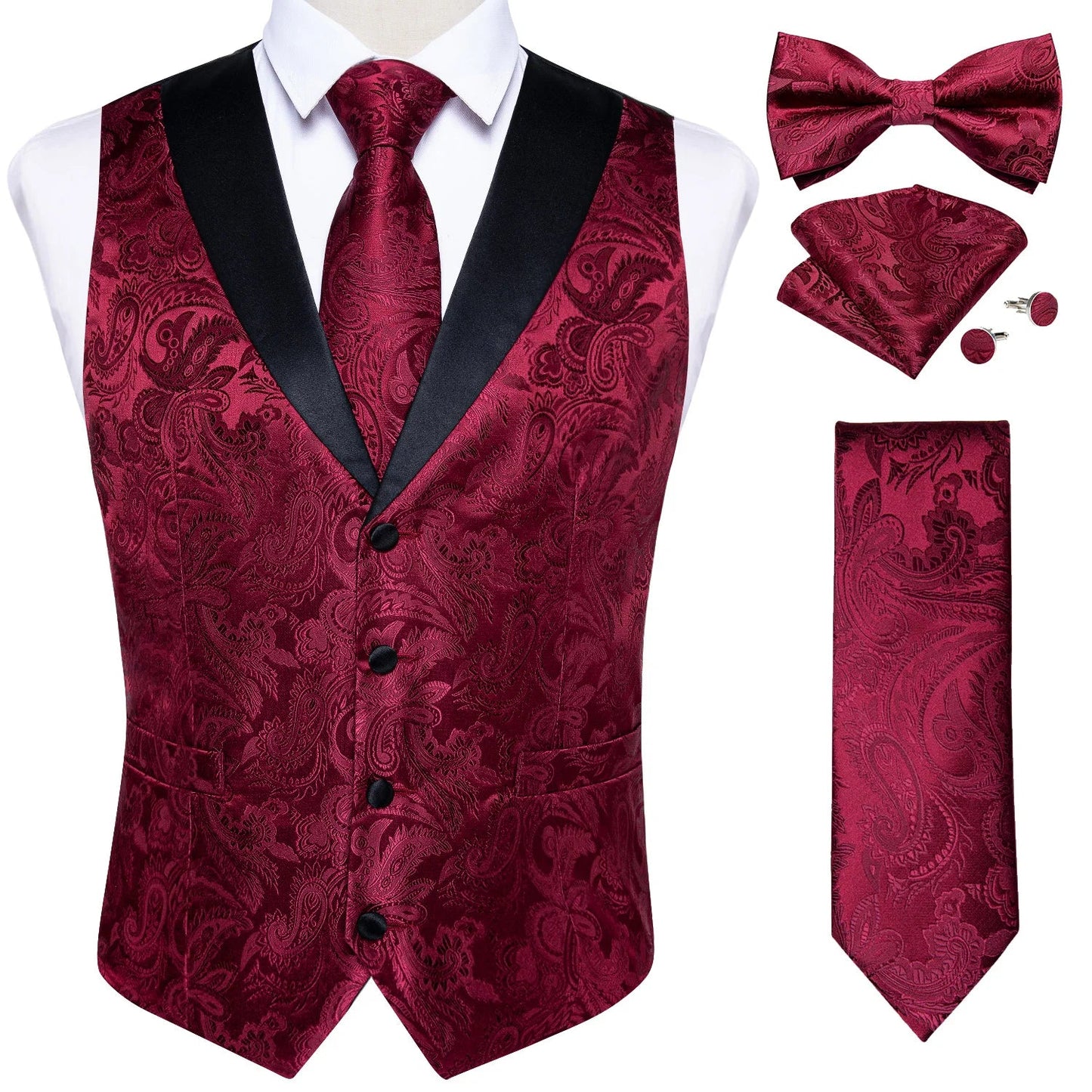 maoxiangshop Brand Suit Vest Set For Men Luxury Silk Black Gold Paisley Dress Vest Tie Cufflinks Handkerchief Set Male Sleeveless Waistcoat