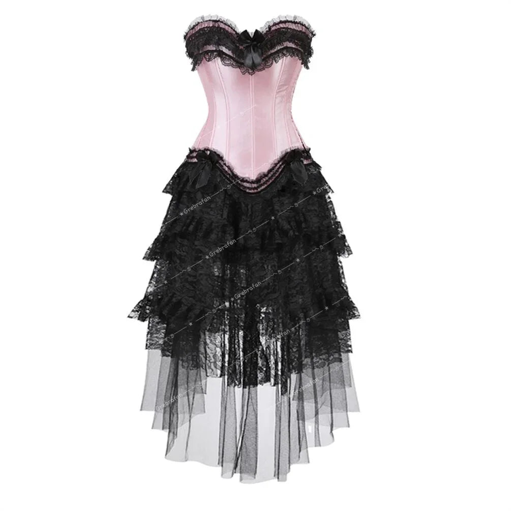maoxiangshop - Corset Dress Steampunk Lace Trim Bustier with Long Tulle Skirt Carnival Party Night Costumes Plus Size Halloween Outfits Women