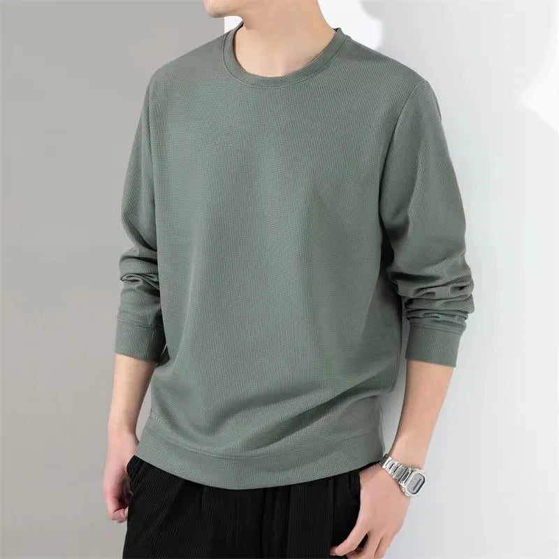 maoxiangshop Autumn Hoodies Men New Fashion Casual Slim Fit Waffle Round Neck Sweatshirts Men's Fashion Long Sleeve Undershirts