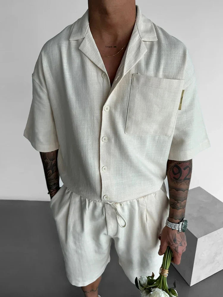 maoxiangshop Streetwear Vintage Mens Shirts Two Piece Outfits Fashion Solid Color Suits Loose Pocket Short Sleeve Shirt And Shorts Men Sets