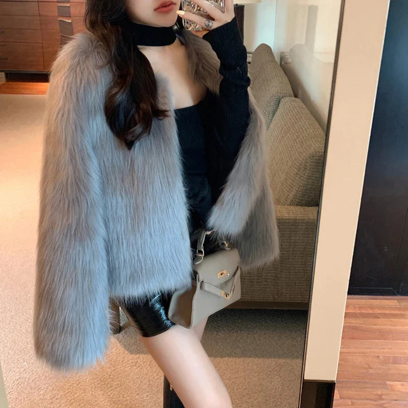Fashion Harajuku Faux Fox Fur Coat Women Winter Korean Slim Leather Jacket Female Casual Natural Color Open Stitch Coat