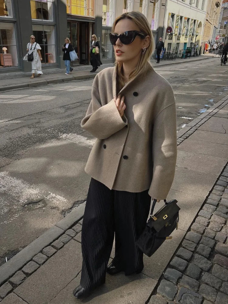maoxiangshop - Elegant Warm Solid Woolen Cropped Coat Women Chic Stand Collar Double Breasted Long Sleeves Jacket Autumn Lady Commute Outercoat