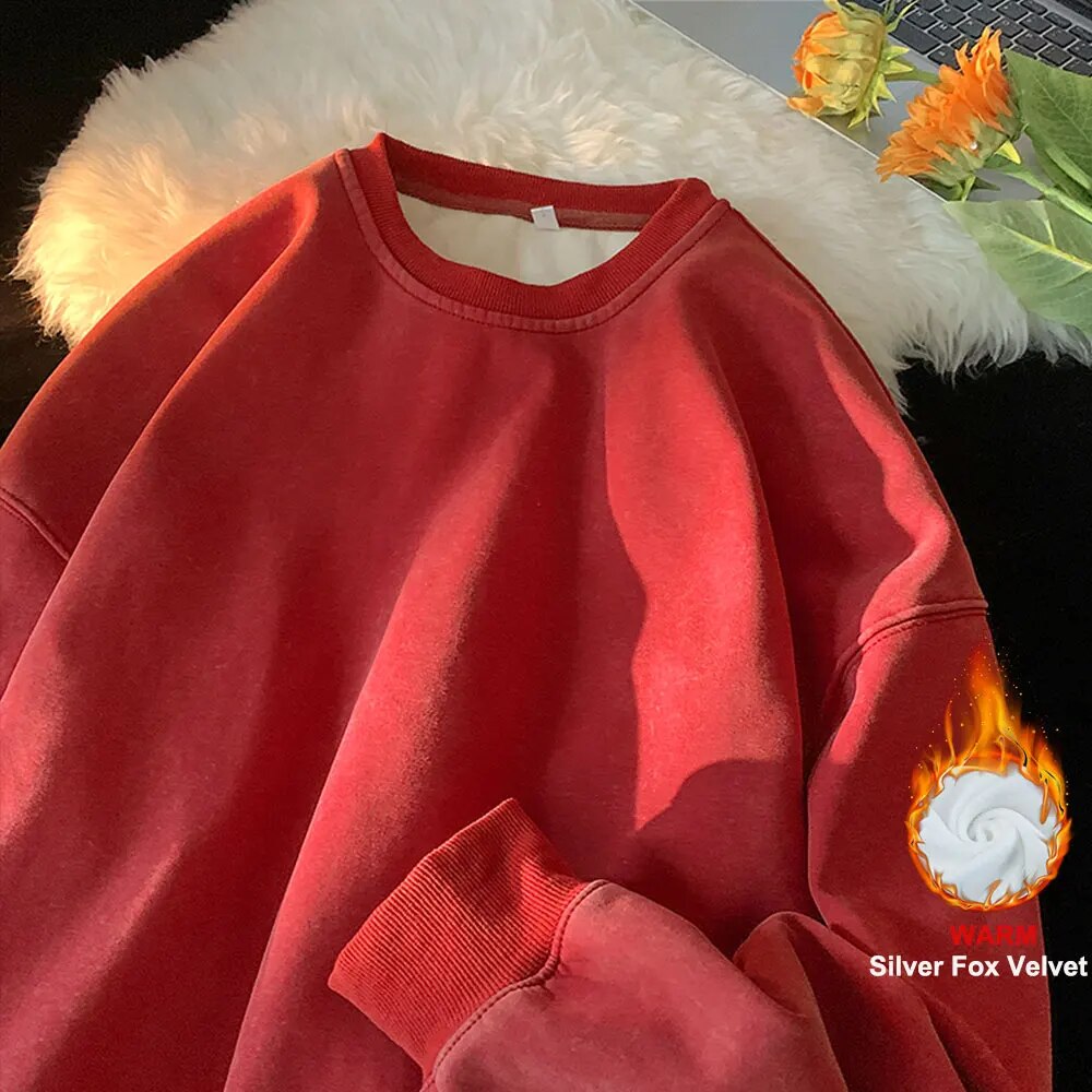 maoxiangshop American Washed Old Pullovers Sweatshirts Men Loose Solid Color Autumn Large Size Warm O Neck Tops Hip Hop Y2k Sweatshirt