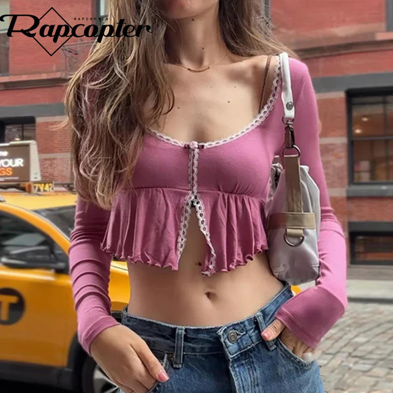 maoxiangshop-y2k Trim Ruffles Crop Top Floral O Neck Full Sleeve T Shirt Women French Harajuku Chic Cute Cardigans Autumn Winter