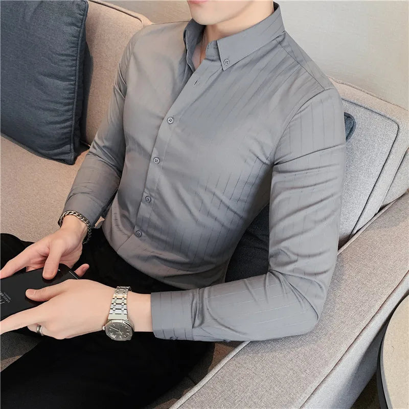 maoxiangshop British Style Men Long Sleeved Shirt Autumn Anti-wrinkle Soft Solid Casual Elastic Slim Fit Camisas Y Blusas Men Clothing
