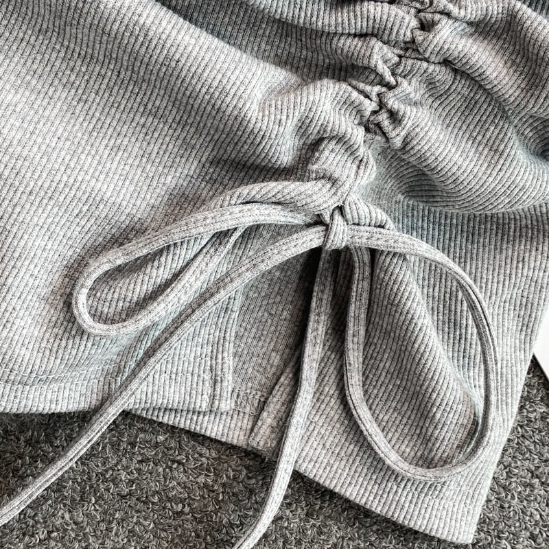 maoxiangshop Draw String Cotton Mini Skirt Girls Summer Elastic Waist Grey Black Split Folds Skirts Women Sexy Bottoms