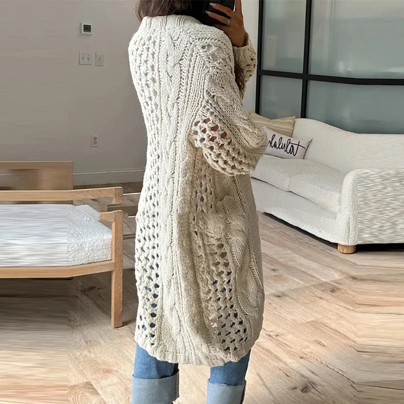 maoxiangshop - 2024 Casual Solid Color Pocket Coat Ladies Elegant V Neck Hollow Knitted Cardigan Autumn Winter Thick Warm Loose Sweater Outwear