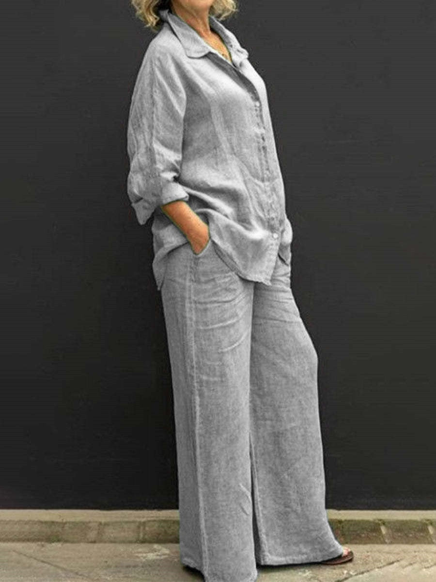 maoxiangshopWomen Cotton Linen Suits Elegant Solid Long Sleeve Shirt Wide Leg Trousers Two Piece Set Female Casual Straight Pants Suits