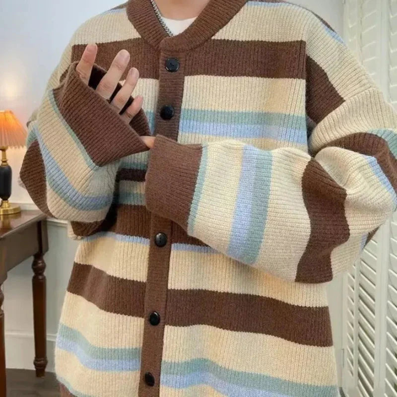 maoxiangshop Vintage Cardigan Men Autumn Striped Harajuku Baggy Streetwear Cozy Contrast Color Daily Japanese Style Versatile Couple Tender