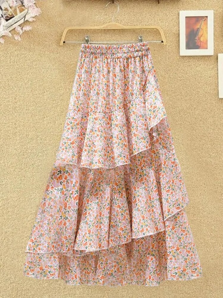 maoxiangshop New Temperament Skirt Summer Floral Irregular Ruffle All-match A-line Skirt Breathable Fairy Cake Skirt Fashion Party