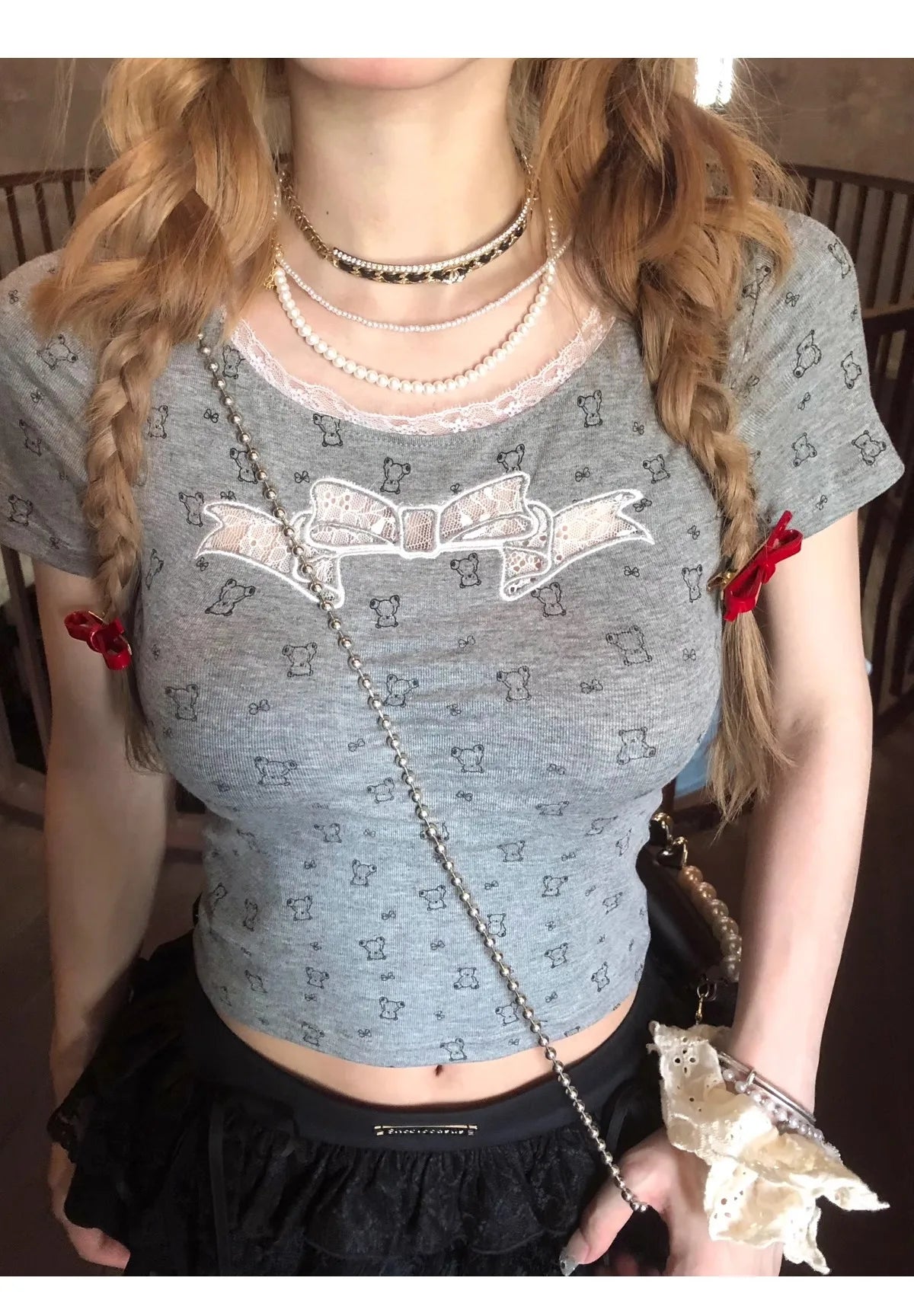 maoxiangshop - 2024 Coquette Unique Kawaii Cute Bow Bear Print Crop Lace T Shirt Women Summer Fashion Japanese Sweet Girls Fashion Cropped Tops