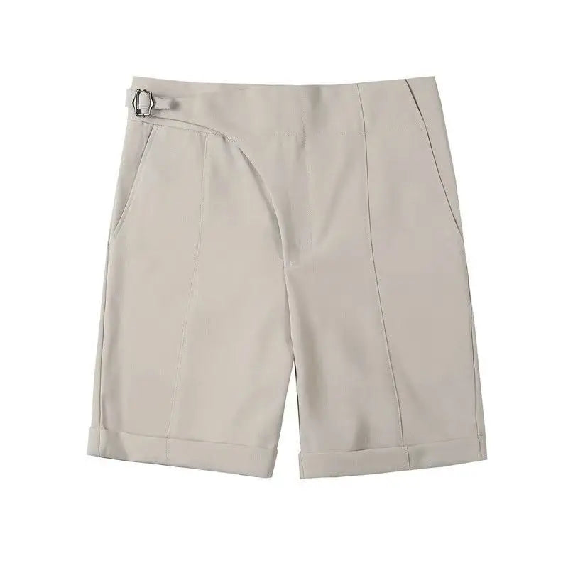 maoxiangshop British Style Casual Suit Shorts Mens Waist Buckle Button Naples Knee Length Pants Summer Thin Fashion Business Slim fit Shorts