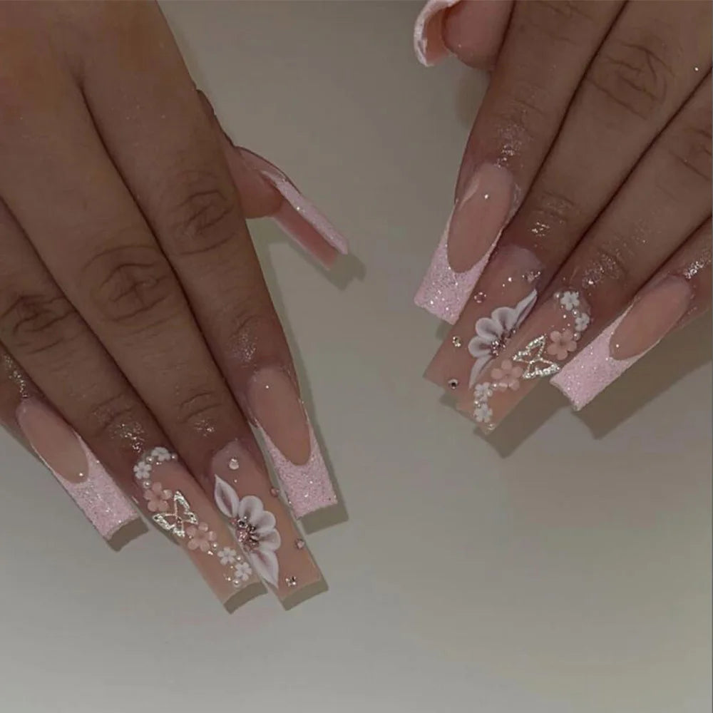 maoxiangshop 24Pcs Long Ballet False Nails with Butterfly Rhinestone Design Coffin French Fake Nails Purple Press on Nails Wearable Nail Art