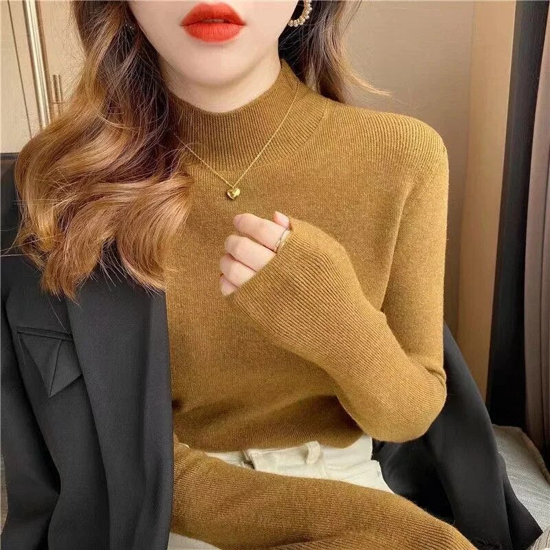 maoxiangshop Fashion Solid Color Turtleneck Women Autumn Winter Knitted Sweaters Basic Primer Pullovers Korean Sweater Slim-fit Pullover