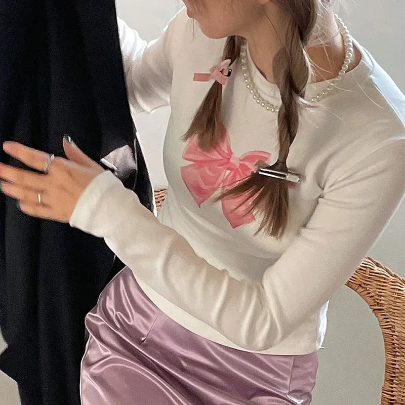 maoxiangshop-Cute Bow Print Cropped Top White Coquette Slim-fit Long Sleeve T-shirts Sweet Casual Basic Knitted Tops Y2K Autumn 2023