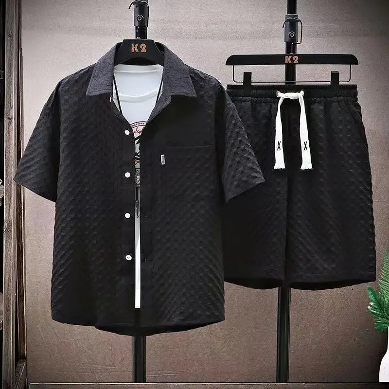 maoxiangshop Men's Set High Quality Ice Silk Plaid Short Sleeved Lapel Shirt Shorts Two-piece for Men Korean Luxury Casual Oversize Clothing