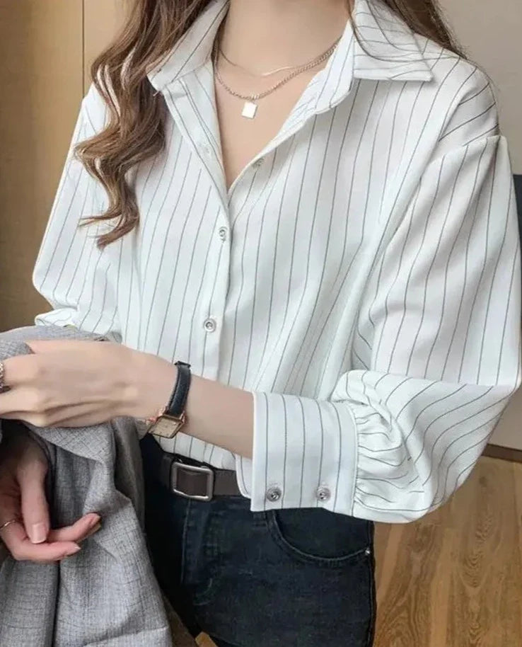 maoxiangshop Classic Striped Shirts Women Spring Autumn Polo-neck Single-breasted Long Sleeve Cardigan Blouse Fashion Office Shirt Top Women