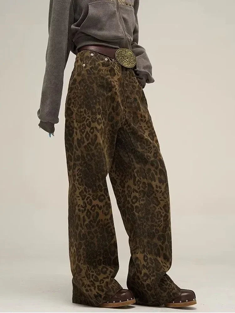 maoxiangshopTan Leopard Jeans Women Denim Pants Female Oversize Wide Leg Trousers Streetwear Hip Hop Vintage Clothes Loose Casual