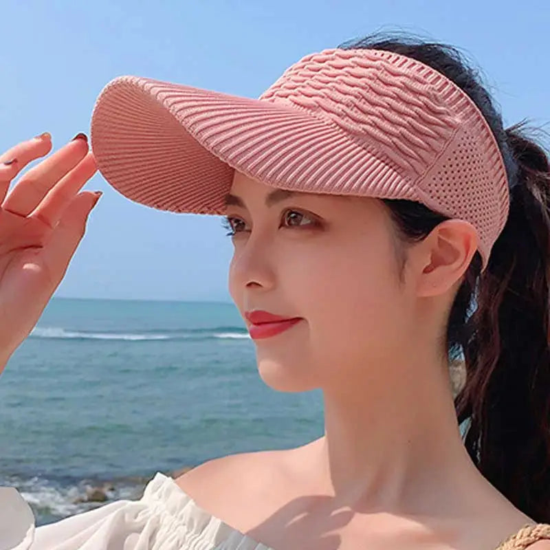 maoxiangshop Fashion Folds Design Women Empty Top Hat Summer Solid Color Large Brim Sunscreen Hat Outdoor Elastic Fabric Sports Sun Cap