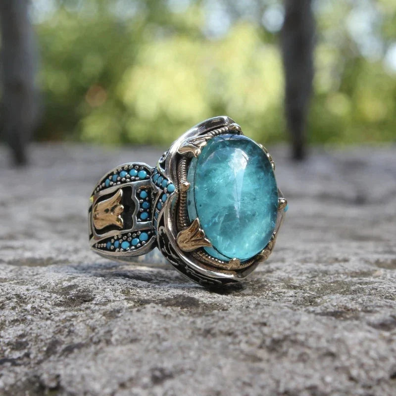 maoxiangshop Retro Handmade Turkish Signet Rings for Men Ancient Silver Color Carved Ring Mystic Zircon Inlay New Punk Motor Biker Ring