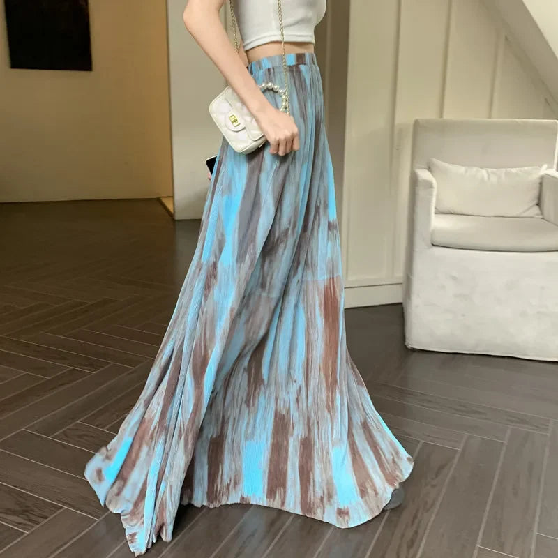 maoxiangshop Boho Vintage Long Skirts for Women Tie Dye Printed A-line Female Elegant Skirt Ladies Holiday Mid-length Maxi Skirt