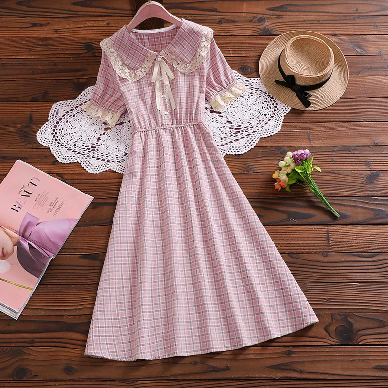 maoxiangshop girl plaid vestidos New summer fashion short sleeve women kawaii dress