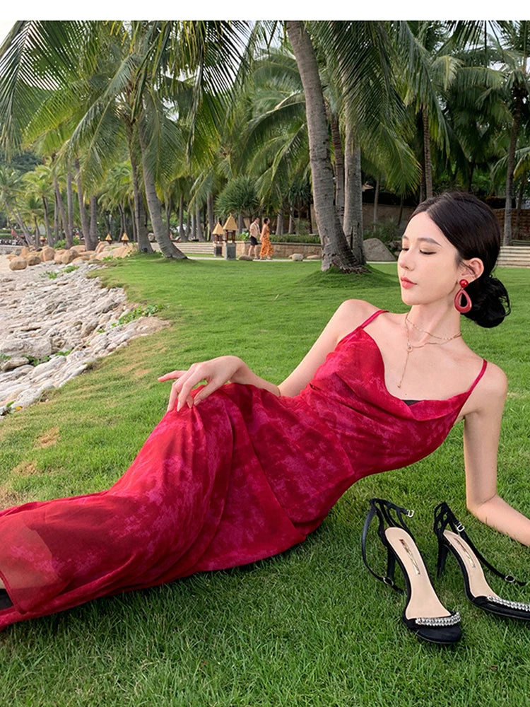 Women Summer New Elegent Sleeveless Red Spaghetti Strap Dress Female Fashion Party One Piece Vestidos Backless Clothes