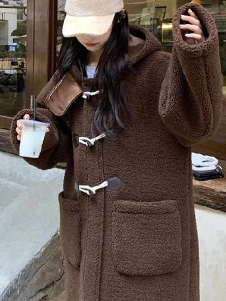 maoxiangshop - Casual Fluffy Lamb Wool Long Coats Women Warm Loose Horn Button Pockets Solid Coat Female Winter Elegant Chic Streetwear
