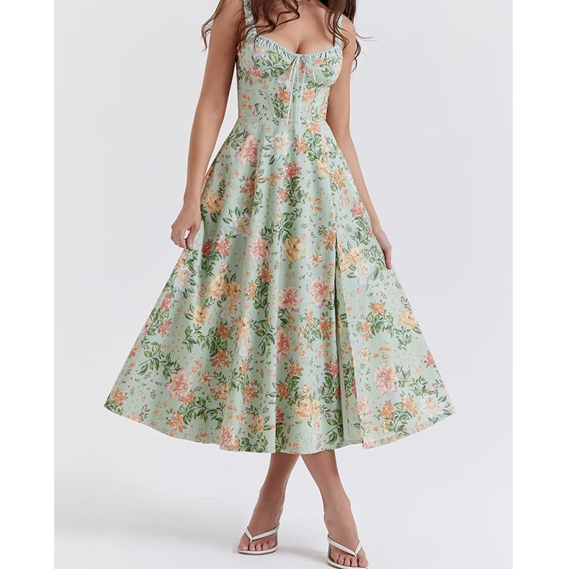maoxiangshop Women French Style Floral Print A-line Midi Sling Dress Sexy Sleeveless Front Slit Female Holiday Party Summer Dress