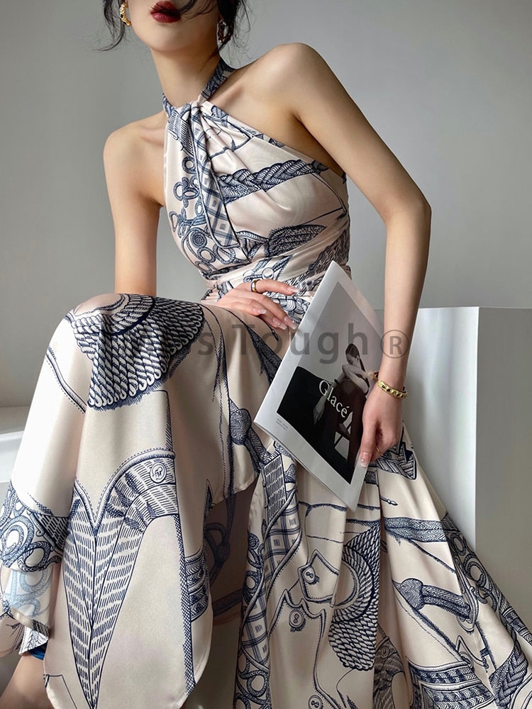 maoxiangshop Print France Vintage Elegant Dress Women Sleeveless Halter Sexy Korean Retro Dresses Designed Evening Party Long Dress New