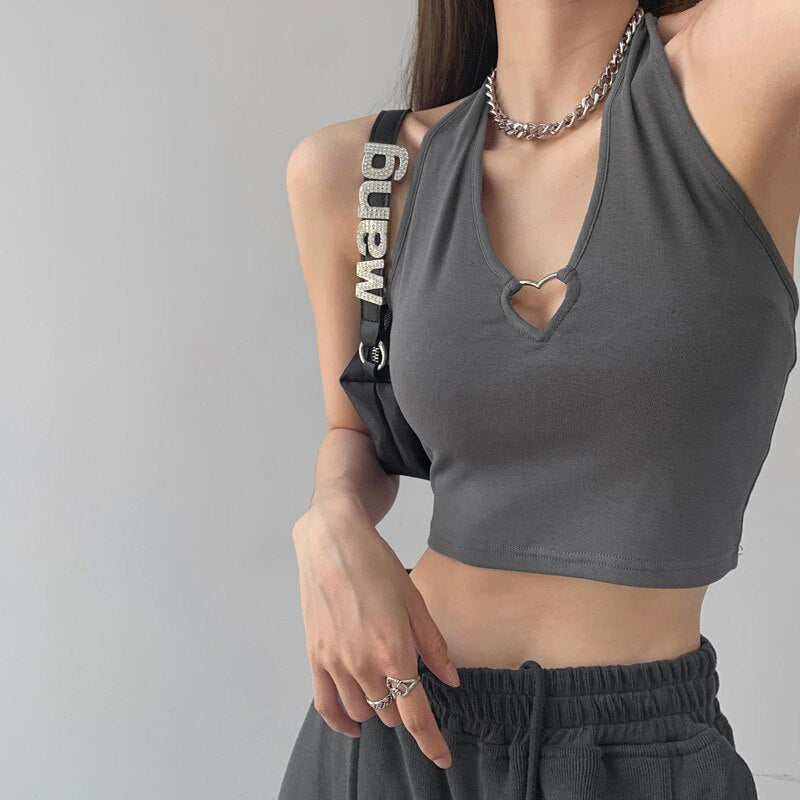 Women Halter Tank Tops Hollow Sleeveless Camis Sexy Metal Heart Backless Vest Korean Fashion Casual Kpop Crop Tops