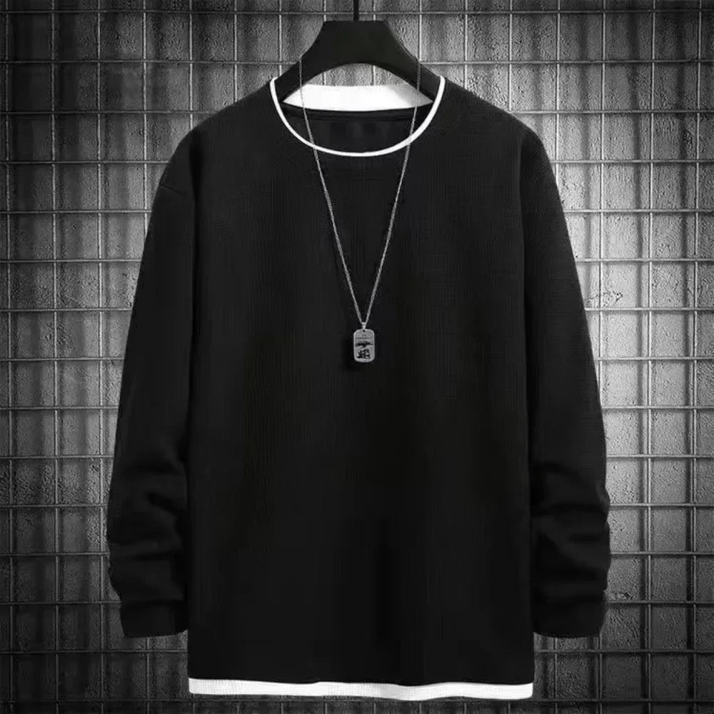 maoxiangshop Fake two long sleeve hoodie men spring and autumn loose jacket to wear simple solid color large size casual T-shirt