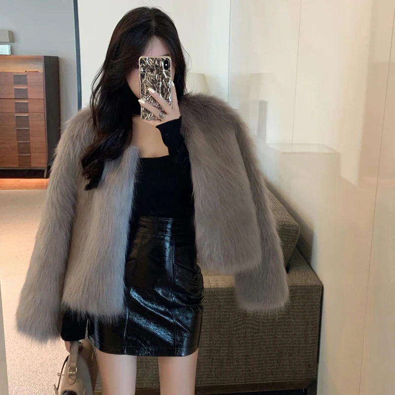 Fashion Harajuku Faux Fox Fur Coat Women Winter Korean Slim Leather Jacket Female Casual Natural Color Open Stitch Coat