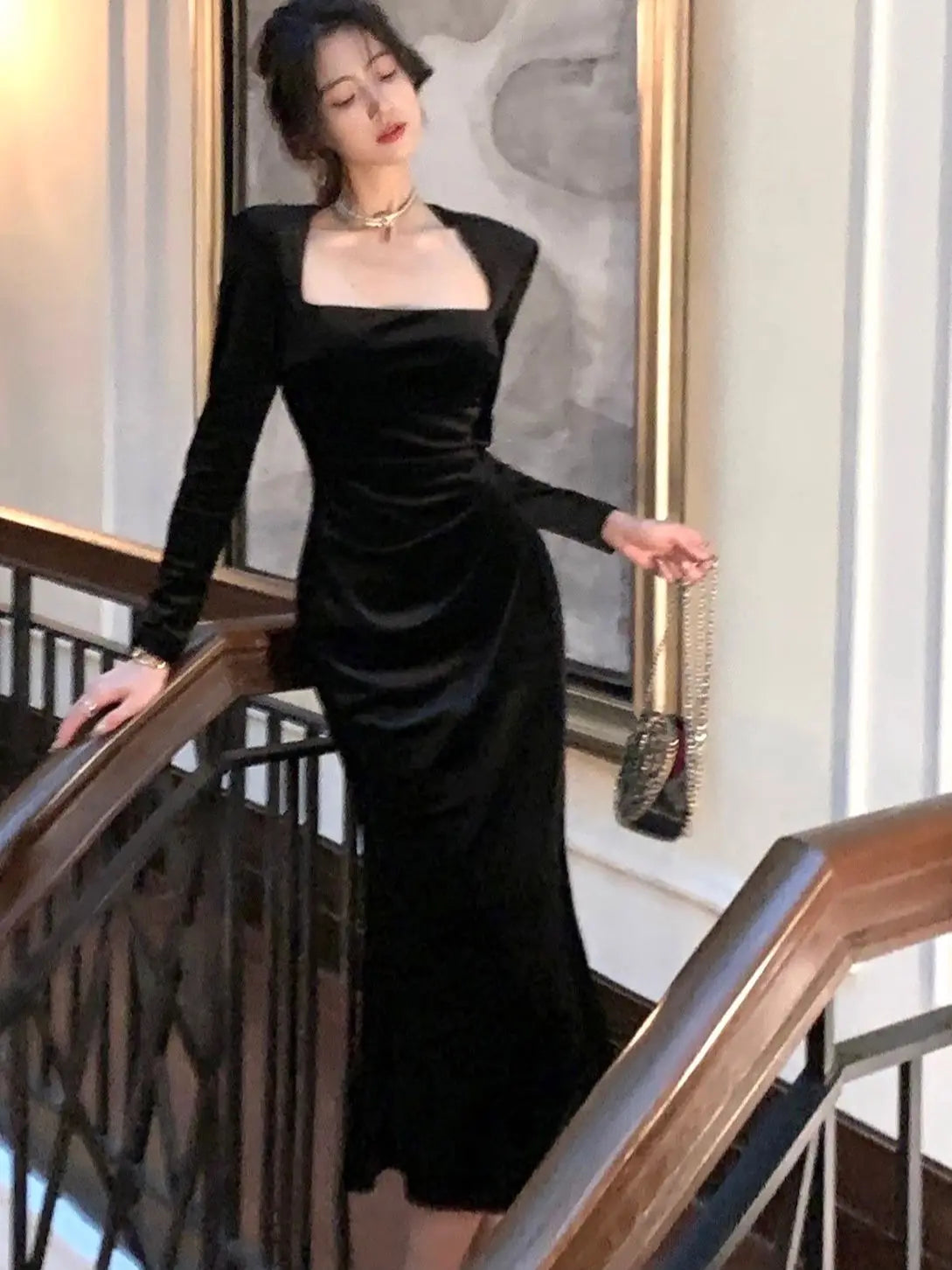 Spring New Women Elegant Long Black Velvet Dress Sexy Prom Evening Party Birthday Club Fashion One Piece Clothing