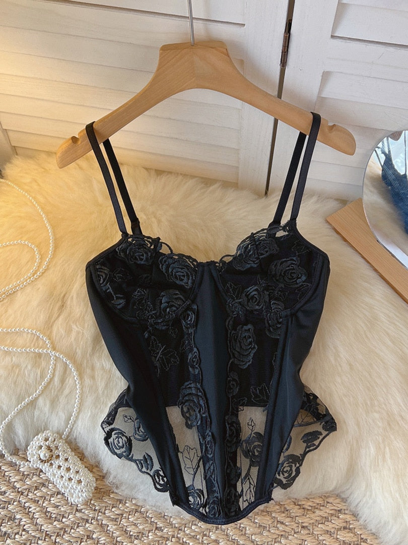 maoxiangshop Sexy See Through Mesh Bustier Top Women Fashion Summer Black Camis Floral Embroidery Fishbone Skinny Club Party Crop Tops