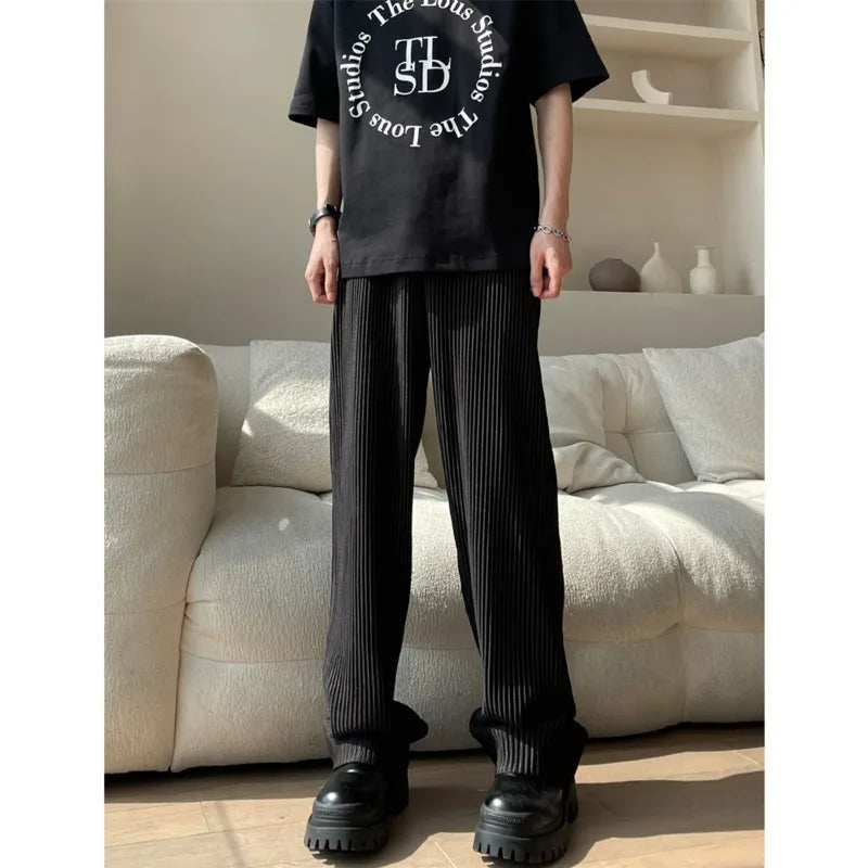 maoxiangshop Summer Pleated Pants Men Fashion Oversized Ice Silk Pants Men Japanese Streetwear Loose Straight Pants Mens Casual Trousers