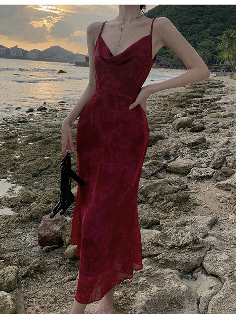 Women Summer New Elegent Sleeveless Red Spaghetti Strap Dress Female Fashion Party One Piece Vestidos Backless Clothes