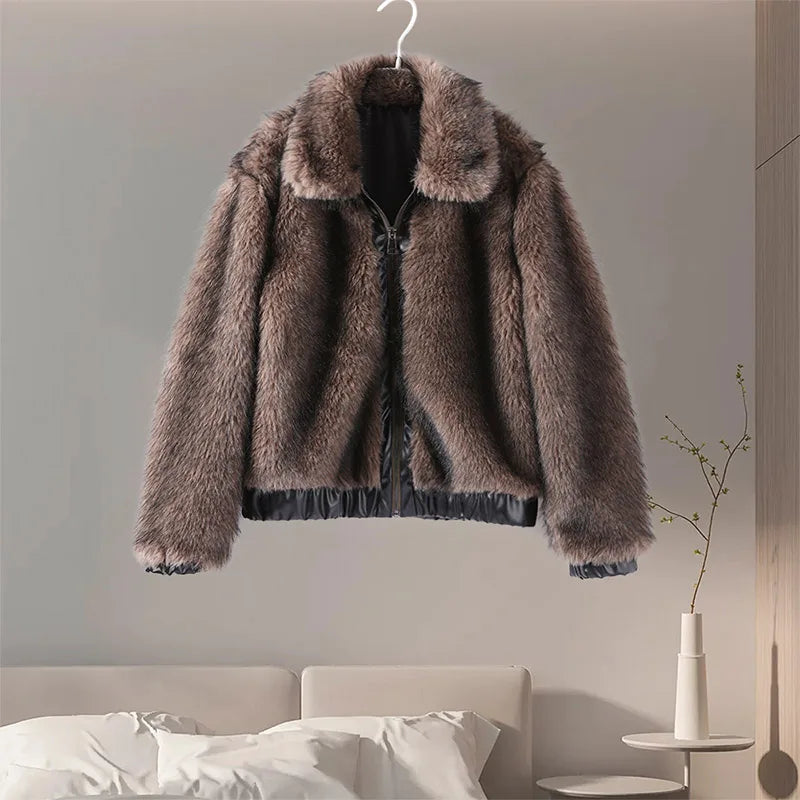 maoxiangshop - cold weather outfuts Fashion Faux Fur Short Coat Women Lapel Patchwork Zipper Long Sleeve Jacket 2024 Warm Autumn Winter Pocket Lady Street Outwear