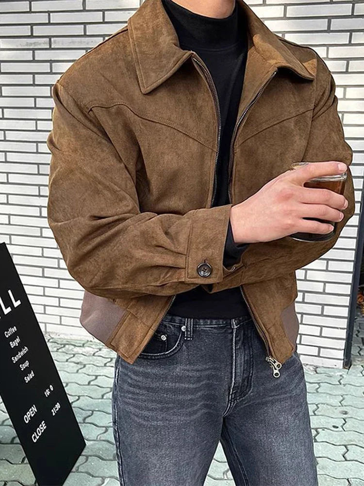 maoxiangshop Vintage Jacket Man Casual Loose Zipper Fashion Retro Short Coat Men Spring High Quality Solid Turndown Collar Street Outwears