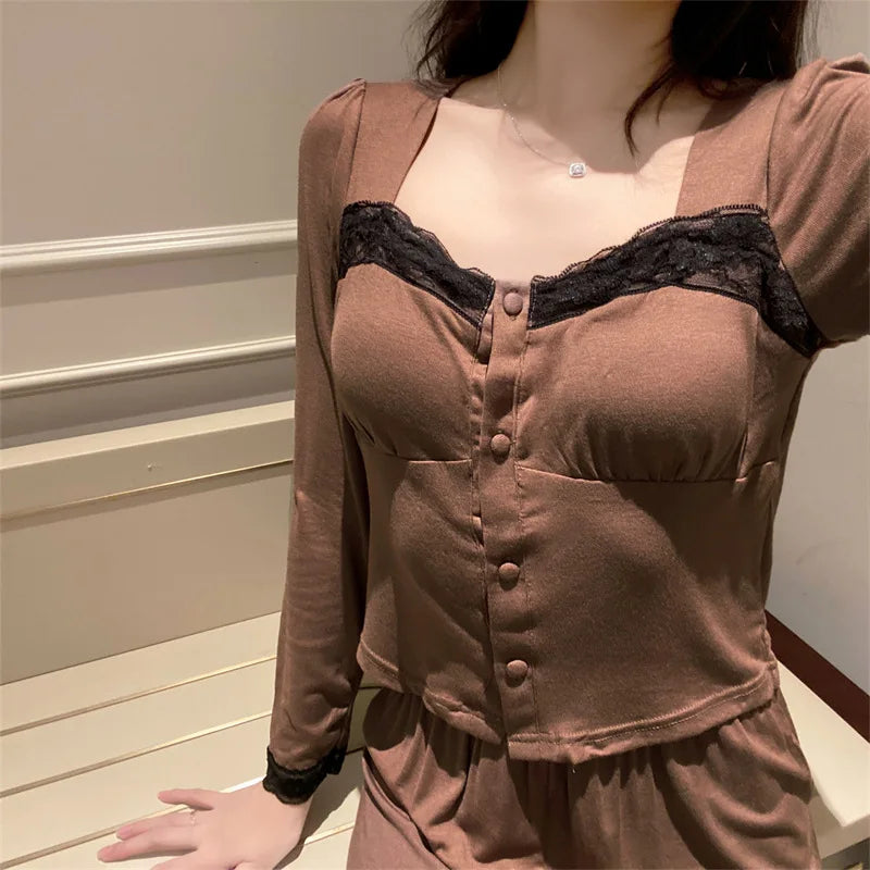 maoxiangshop - Modal Comfort Padded Top Pajamas For Women Autumn Spring Sweet Casual Lace Trim Long Sleeve Slim T-shirts + Wide Leg Pant Sets