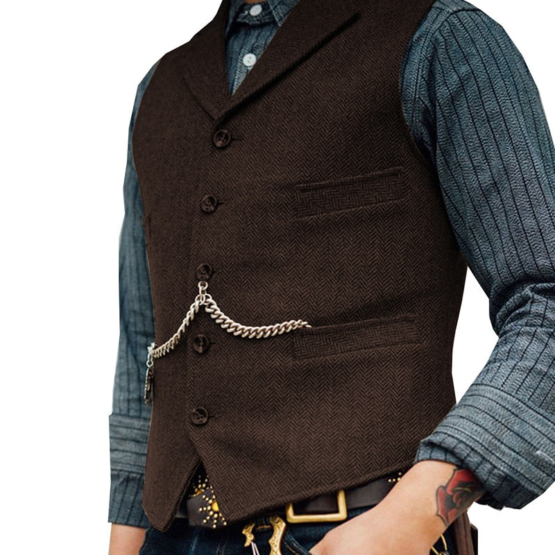 maoxiangshop Men's Suit Vest Brown Wool Tweed Business Waistcoat Jacket Casual Slim Fit Gilet Homme Vests For Groosmen Man Wedding