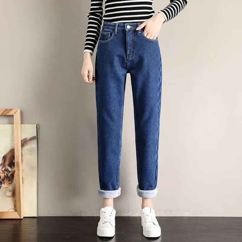 maoxiangshop Fleece Jeans Women Baggy Harem Pants Winter New High Waist Straight Thickened Warm Boyfriend Velvet Denim Trousers