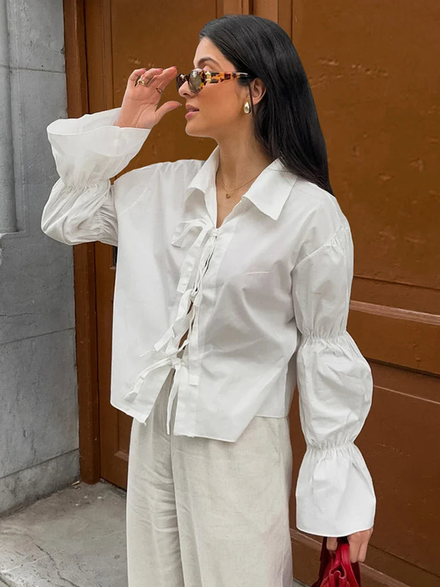 maoxiangshop - White Elegant Blouse Women Autumn New Chic Turndown Collar Lantern Sleeve Blouses Casual Fashion Lace-up Office Lady Shirts 2024