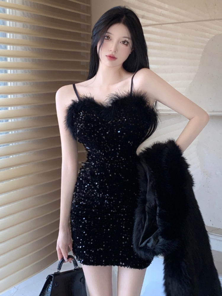 maoxiangshop Temperament Dresses Women Spaghetti Strap Furry Patchwork V Neck Sexy Elegant Slim Sequins Black Party Dress Ladies