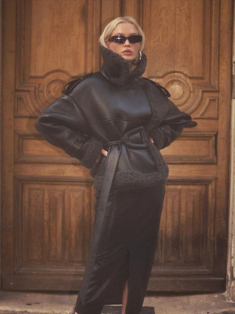 maoxiangshop - Leather Lamb Wool Patchwork Women Jacket Lace Up Stand Collar Solid Women Short Coat 2024 Thicken Autumn Winter Women Overcoat