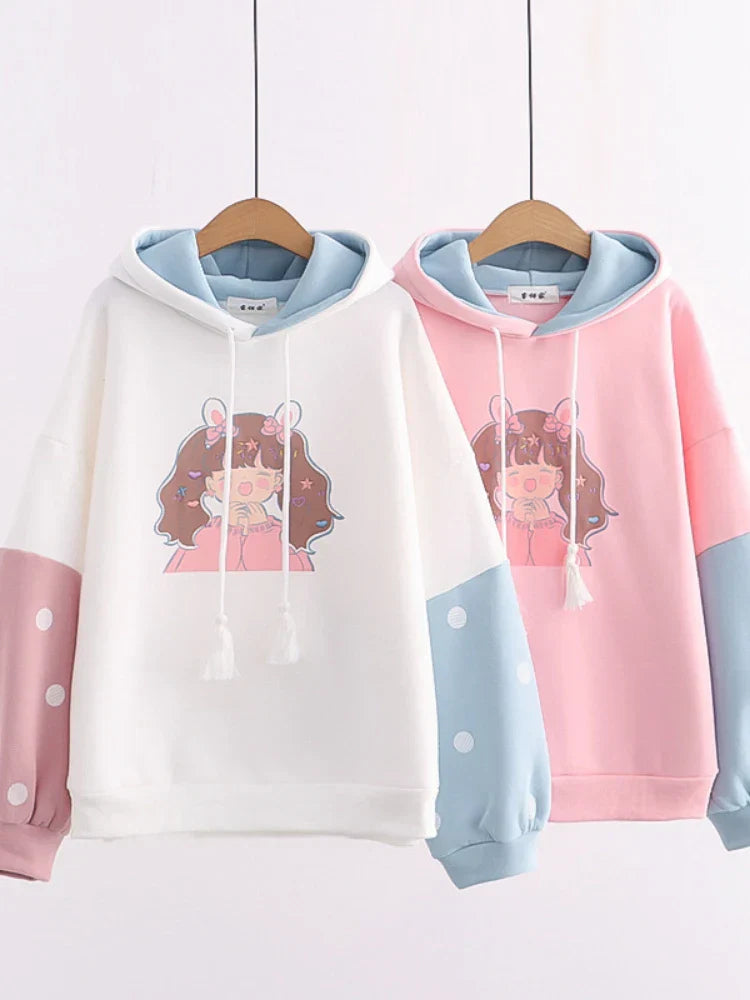 maoxiangshop Sweet Style Kawaii Print Graphic Fleece Women Hoodies Winter Harajuku Cute Drawstring Hoody Sweatshirt Female Pullover Top