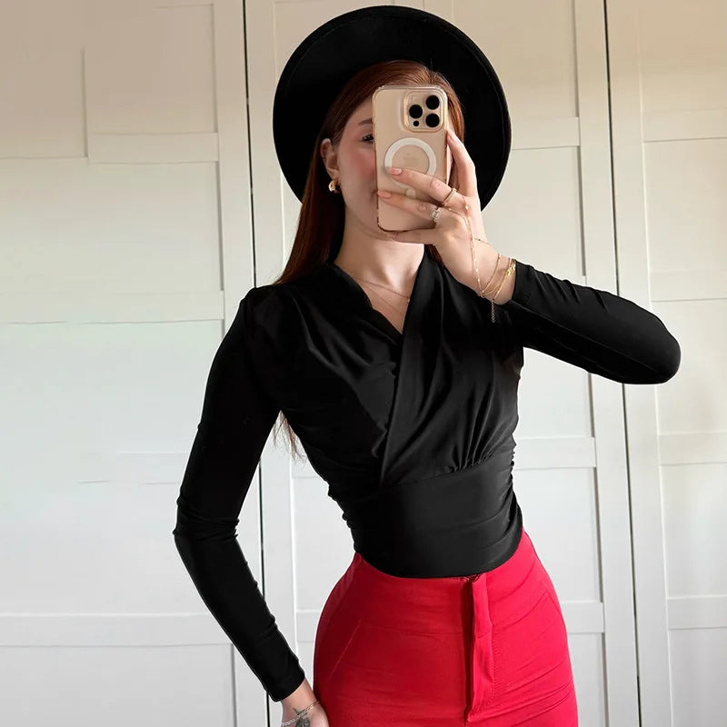 maoxiangshop - Cross-Neck Slim Long Sleeve Crop Top For Women Elegant Ruched Solid T shirt Autumn Fashion Versatile Female Pullovers