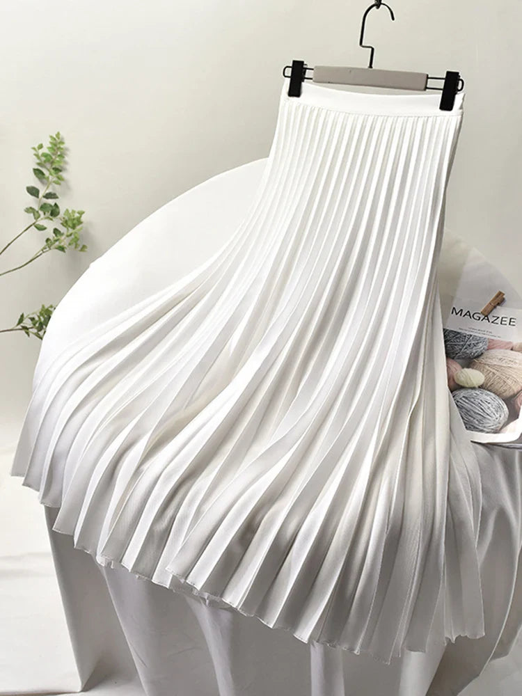 maoxiangshop Brand Designer Women Spring Autumn Elegant Chic Solid Pleated Skirt High Waist Luxury Fashion With Elastic Female