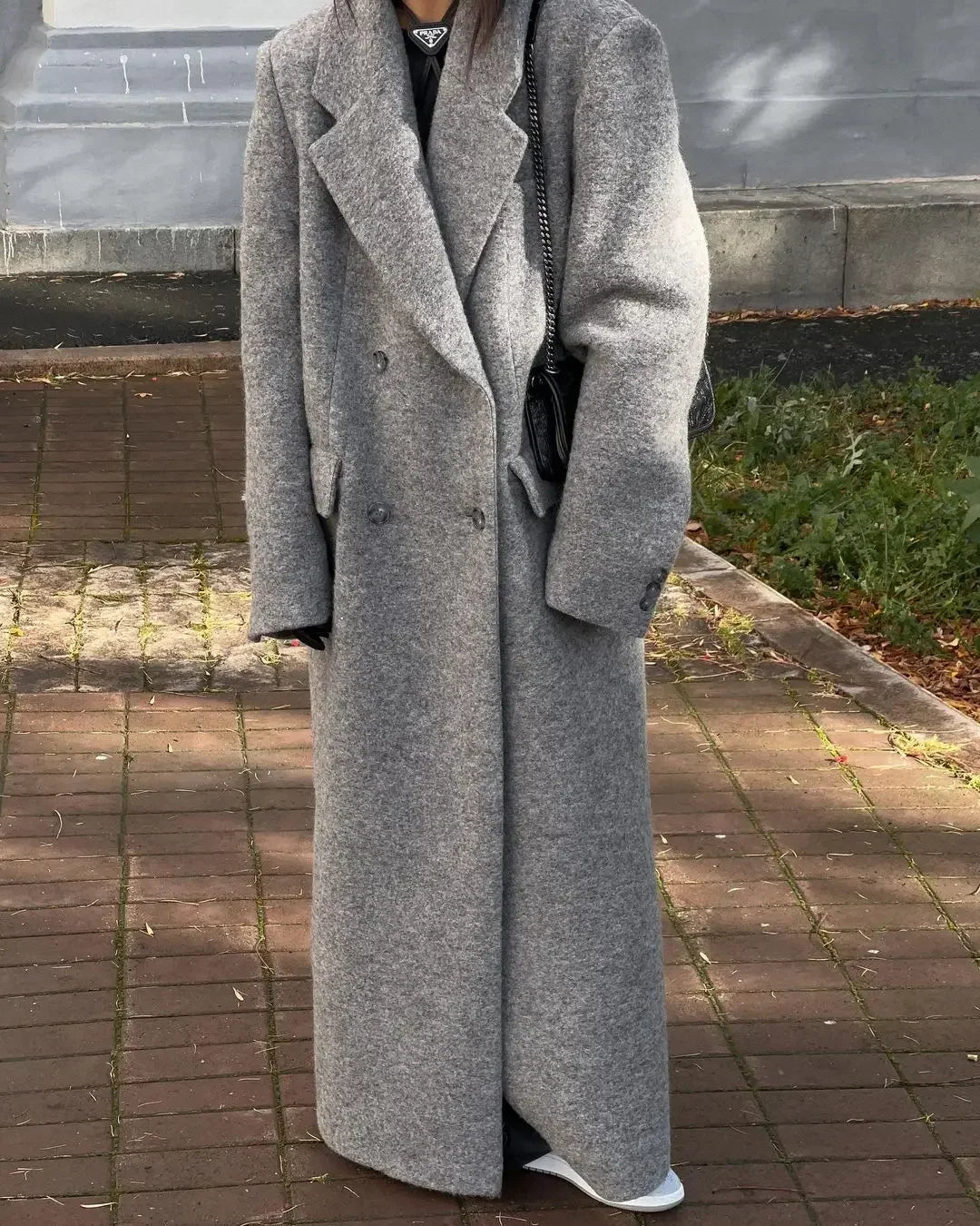maoxiangshop - Fashion Grey Lapel Long Woolen Coats Women Double-breasted Pockets Long Sleeves Overcoat 2024 Autumn Lady Street Outerwear